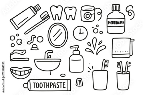 Dental Hygiene Doodles. Hand-drawn doodle illustration dental care products toothpaste tube, toothbrush, dental floss, mouthwash,