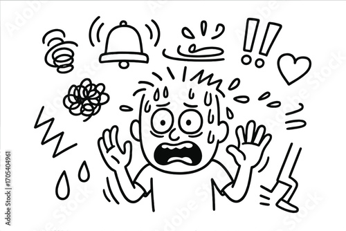 Sudden Fear Doodle. Hand-drawn doodle illustration sudden fear startled face, sweating forehead, alarm bell, exclamation marks,