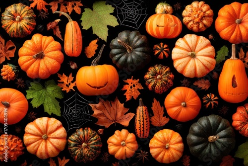 Festive Halloween Pumpkins and Decorative Autumnal Elements on black background