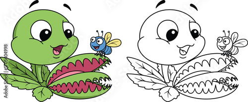 Cute cartoon Venus flytrap plant with smiling insect