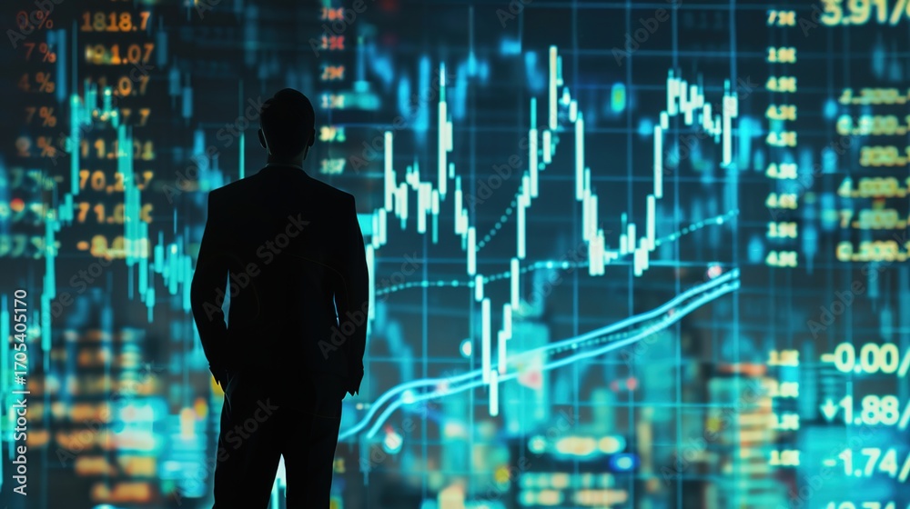 Stock exchange screens display bearish stock charts, with a full-length silhouette of a man in a suit gazing at them from behind. Long shot. Stock exchange screens display bearish stock charts, with a full-length silhouette of a man in a suit gazing at them from behind. Long shot.