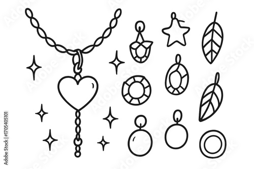 Doodle Charm Necklace. Hand-drawn doodle illustration pendant necklace pendant, chain, clasp, bail, heart charm, star charm, leaf