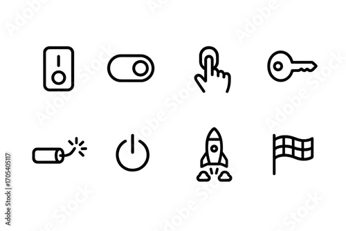 Startup Icon Set. Outline icon set of activation and start-up: switch on, toggle, button press, ignition key, fuse lit, power