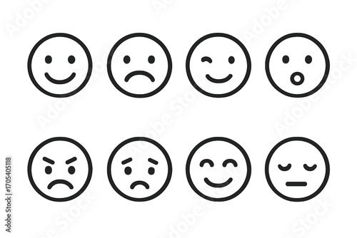 Emotional Icon Grid. Outline icon set of portrait emotions: smile, frown, wink, surprise, anger, sadness, laughter, calm. Line
