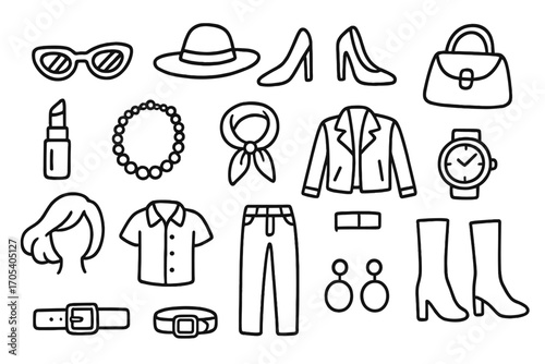 Fashion Accessories Doodle. Hand-drawn doodle illustration style sunglasses, hat, high heels, handbag, lipstick, necklace, scarf,