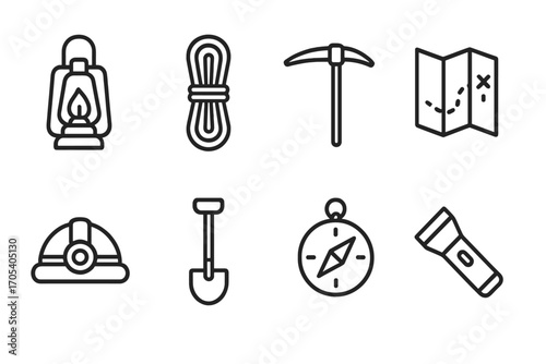 Catacomb Tools Icons. Outline icon set of catacomb exploration tools: lantern, rope, pickaxe, map, helmet, shovel, compass,