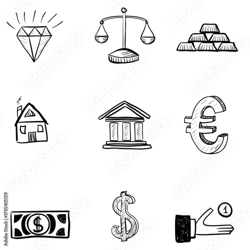 Hand-drawn doodle icons of wealth and finance including diamond, gold bars, and balance scale