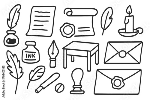 Medieval Writing Tools. Hand-drawn doodle illustration medieval writing quill pen, ink bottle, parchment, wax seal, scroll,
