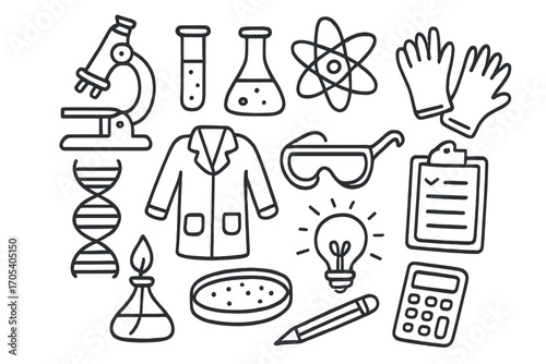 Scientific Doodle Icons. Hand-drawn doodle illustration scientific foundation microscope, test tube, flask, atom, DNA strand, lab