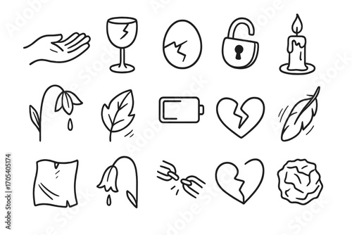 Symbols of Fragility. Hand-drawn doodle illustration vulnerability and feebleness open hand, fragile glass, cracked shell, broken