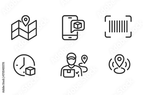 Shipment Tracking Icons. Outline icon set of shipment tracking features: live map, package status, push notification, tracking