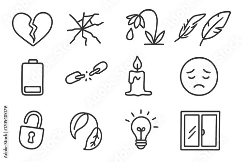 Symbols of Fragility. Hand-drawn doodle illustration vulnerability broken heart, cracked glass, wilting flower, falling feather,