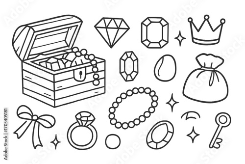 Jewelry Box Treasures. Hand-drawn doodle illustration precious jewelry box treasure chest, open box, diamond, ruby, sapphire,