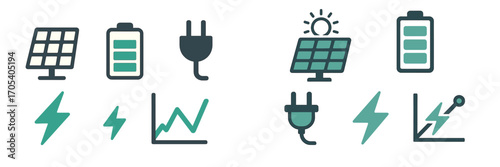 Renewable energy symbols: solar panels, batteries, plugs, lightning, and charts