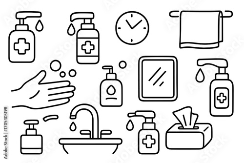 Hygiene Essentials Doodle. Hand-drawn doodle illustration hand sanitizer dispenser sanitizer bottle, pump nozzle, hand, bubbles,