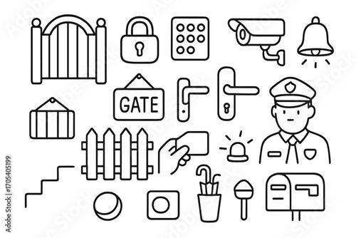 Security Gate Doodle. Hand-drawn doodle illustration entry gate gate, lock, keypad, camera, bell, sign, fence, handle, keycard,