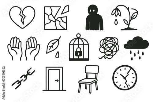 Doodles of Vulnerability. Hand-drawn doodle illustration vulnerability cracked heart, broken glass, empty hands, shadow figure,