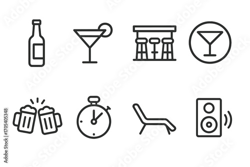 Happy Hour Icons. Outline icon set of happy hour: beer bottle, cocktail glass, bar counter, neon sign, clinking glasses, timer,