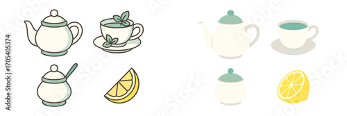 Cute teapots, cups, sugar bowls, and lemon slices for tea time