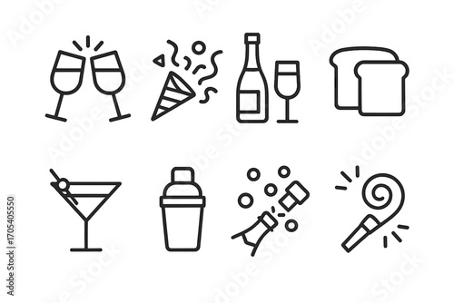 Celebration Drinks Icon Set. Outline icon set of celebration drinks: clinking glasses, party confetti, champagne bottle, toast,
