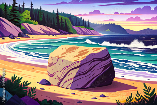 Flat sandstone boulder on beach shore, natural stone banner mockup with ocean waves, coastal scenic landscape, outdoor wilderness view, rustic placement surface, sandy horizon, minimal design