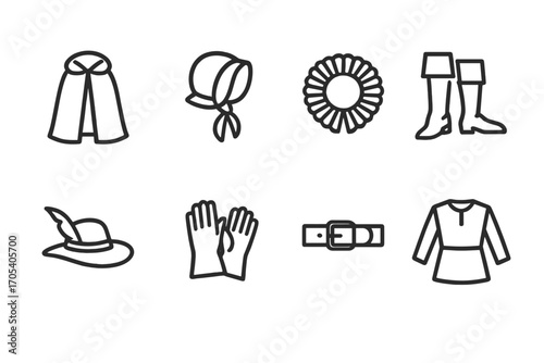 Old World Fashion Icons. Outline icon set of old world clothing and fashion: cloak, bonnet, ruff collar, boots, feather hat,