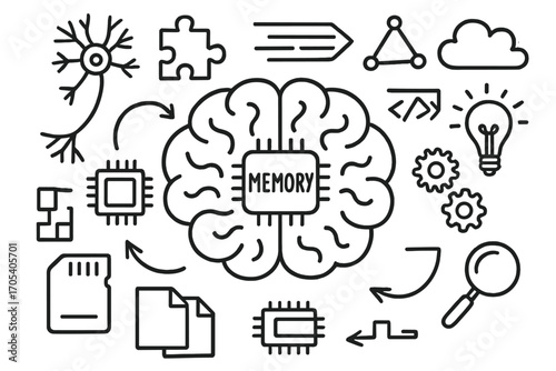 Mind's Puzzle Elements. Hand-drawn doodle illustration memory block brain, neurons, blocks, puzzle pieces, computer chip, data