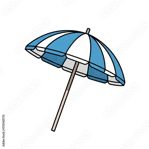 Blue and white striped beach umbrella for sun protection.