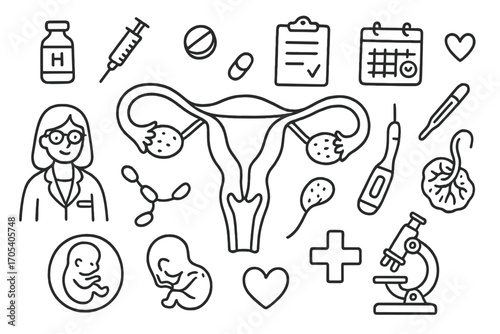 Reproductive Health Icons. Hand-drawn doodle illustration fallopian tubes reproductive health fallopian tubes, ovaries, uterus,