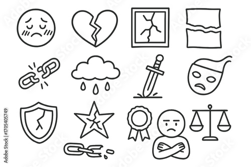 Doodles of Broken Symbols. Hand-drawn doodle illustration humiliation blushing face, broken heart, cracked mirror, torn paper,