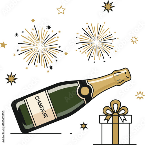 Premium Champagne Bottle with Celebration Props – Minimal Flat Vector Design