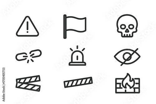 Laundering Risk Icons. Outline icon set of laundering warnings and risks: exclamation mark, red flag, skull, broken chain, alarm