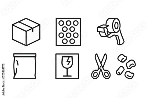 Courier Packaging Icons. Outline icon set of courier packaging: cardboard box, bubble wrap, tape dispenser, shipping label, parcel