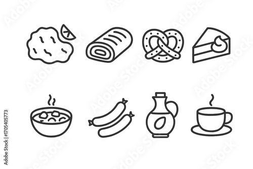Austrian Cuisine Icons. Outline icon set of Austrian cuisine: Wiener schnitzel, apple strudel, pretzel, sachertorte, goulash,