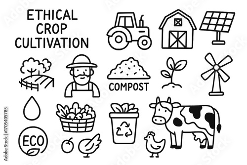 Eco-Friendly Farm Icons. Hand-drawn doodle illustration ethical crop cultivation crops, farm, tractor, barn, solar panel, water