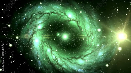 Green galaxy space with light, starfield and nebula background in universe cosmos.