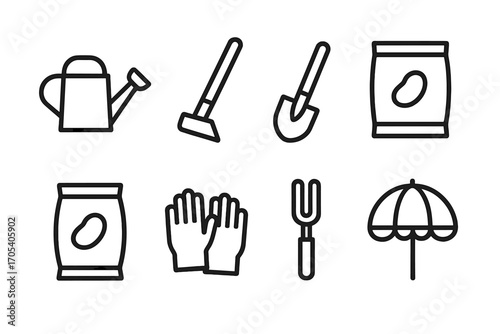 Bean Cultivation Tools Icons. Outline icon set of bean cultivation tools: watering can, hoe, shovel, seed packet, fertilizer bag,