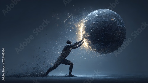 Man pushing giant glowing sphere – perseverance and struggle