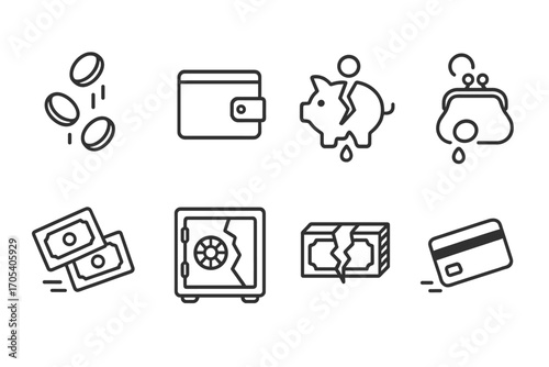 Money Loss Icons. Outline icon set of money loss: falling coins, empty wallet, broken piggy bank, leaking purse, slipping