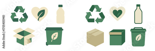 Recycling symbols, heart with leaf, bottle, and bins for eco-friendly waste management