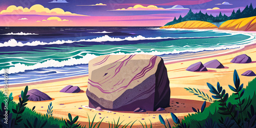 Flat sandstone boulder on beach shore, natural stone banner mockup with ocean waves, coastal scenic landscape, outdoor wilderness view, rustic placement surface, sandy horizon, minimal design