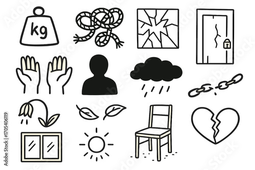 Symbols of Despair. Hand-drawn doodle illustration overwhelmed heavy weights, tangled ropes, broken glass, cracked wall, empty