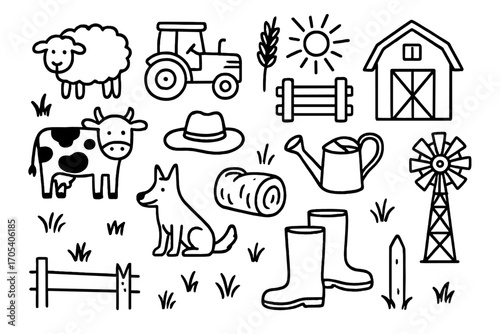 Australian Farm Doodle. Hand-drawn doodle illustration Australian farming sheep, cattle, tractor, wheat stalk, fence, barn, farmer