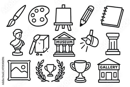 Art Tools Icons. Hand-drawn doodle illustration masterpiece creation paintbrush, palette, canvas, easel, pencil, sketchbook,