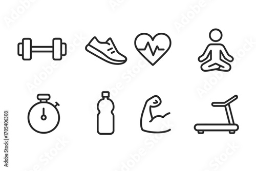 Fitness Icon Set. Outline icon set of fitness coaching: dumbbell, running shoe, heart rate monitor, yoga pose, stopwatch, water
