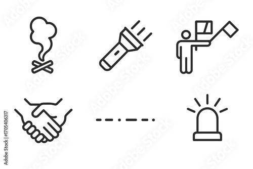 Secret Signals Icons. Outline icon set of secret signals: smoke signal, flashlight, semaphore, coded flag, secret handshake, morse