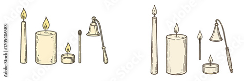 Collection of burning candles, matches, and snuffer in a simple hand-drawn style
