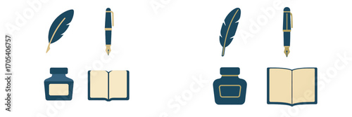Feather quill pen ink bottle and open book icons