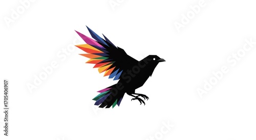Colorful wing illustration of a stylized dark raven on white ground