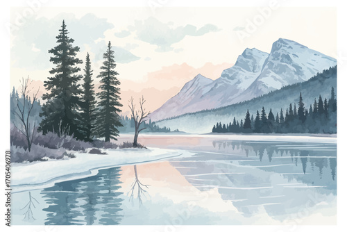 Watercolor frozen lake with reflections 